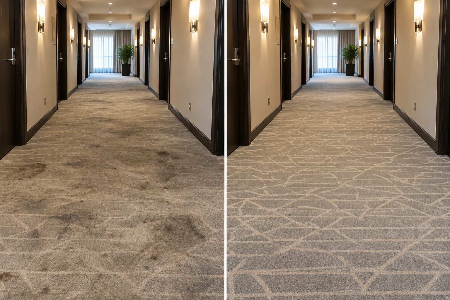 Before in after primer globinskega čiščenja tepihov v hotelskem hodniku